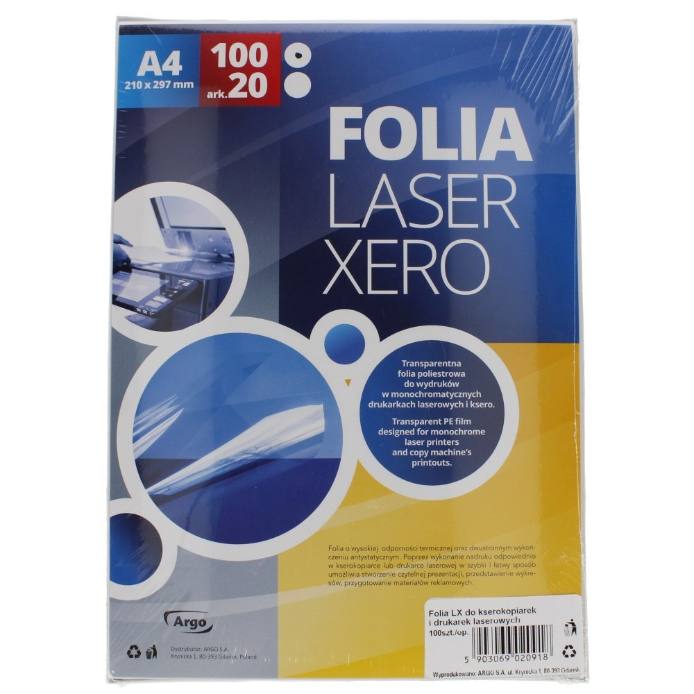 TRANSPARENT FOIL FOR LASER/COPY PRINTER A4 PACK OF 100 PCS. ARGO 413038 ARGO